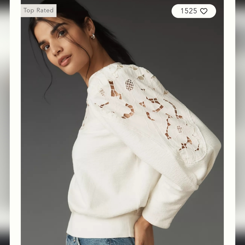 Anthropologie Lace Cutwork Mutton-Sleeve Top, Size Large - Picture 9 of 12